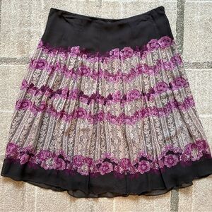 Anne Klein Skirt Womens size 13 Tan Purple Floral Design 100% Silk Pleated Swing